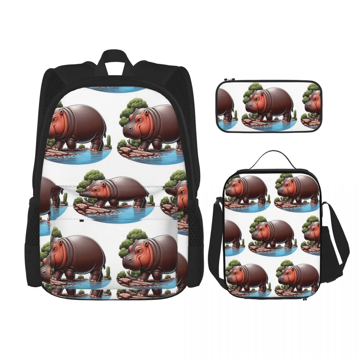 A Pygmy Hippopotamus Strolling By The River Backpacks Boys Girls Bookbag School Bags Rucksack Lunch Bag Pen Bag Three-Piece Set