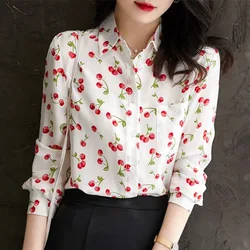 Women Autumn Korean Fashion Cherry Printed Chic Shirts Office Lady Elegant Commute Chiffon Blouses Casual Long Sleeve Loose Tops