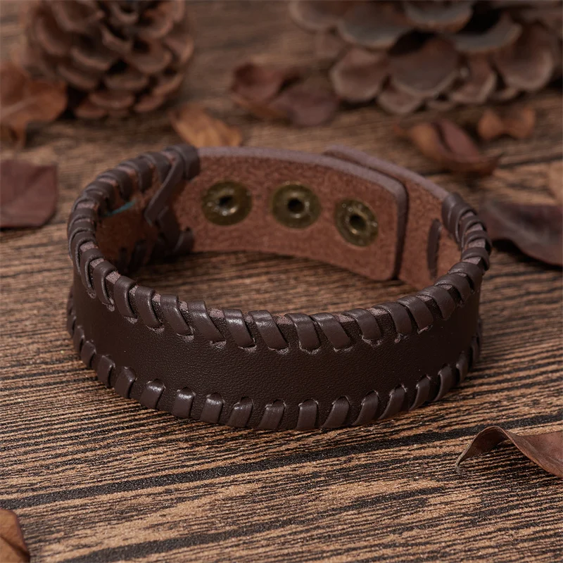 Vintage Black Brown Braided Wide Wrap Bracelets For Men Punk Buckle Leather Bracelet & Bangle Couple Wristband Jewelry Male Gift