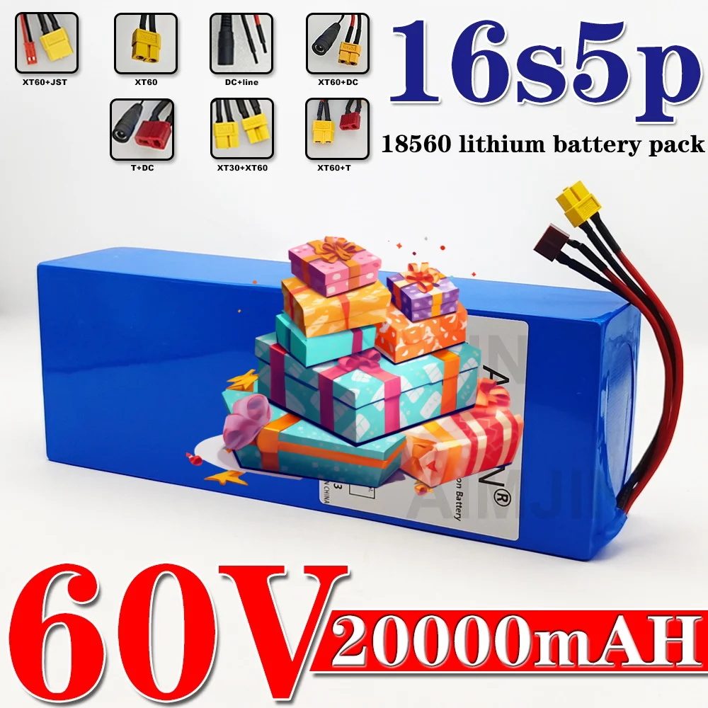 16S5P Battery Pack for 1000W 1200W 1500W Motor  60V 20AH Lithium for Motorcycle Scooter Bicycle with BMS