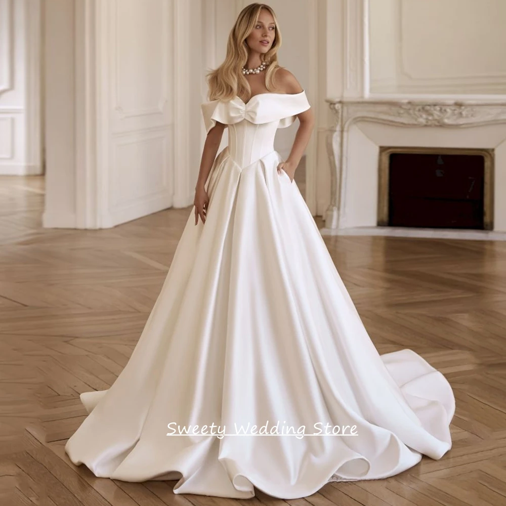 Customized Wedding Dress Hot Design Off The Shoulder Sweetheart Draped Skirt A Line Modern Satin Bridal Gown Sweep Train
