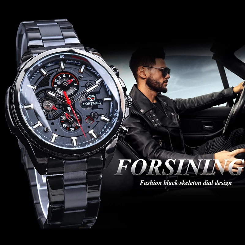 Forsining Staniless Steel Sport Waterproof Men Wrist Watch Automatic Mechanical Watches Male Multifunction Clock reloj hombre