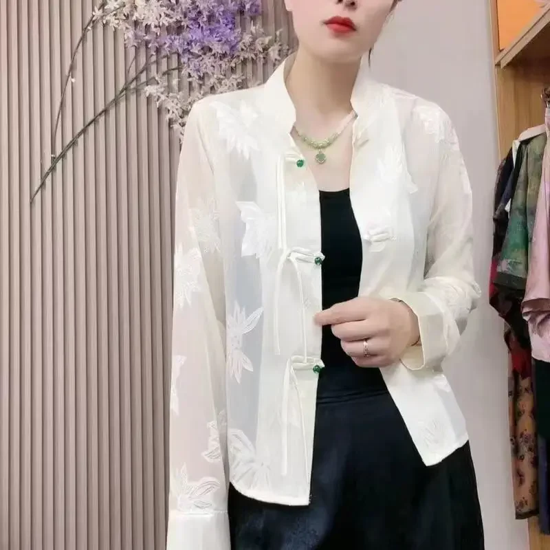 جديد الصيف النمط الصيني مشبك الوقوف طوق موضة بلون الجاكار تنوعا بأكمام طويلة النمط الصيني قميص غير رسمي