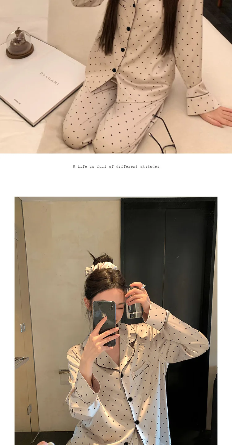 French High Sense of Nachtwäsche Damen Frühling und Herbst Neuer einfacher Polka Dot Langarm Lange Hosen Eisseide Homewear Mode Anzug – Detail 8