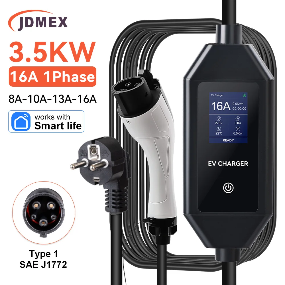 JDMEX 3.5KW 16A SAE J1772 EV Charger Portable 5M Cable Type1 EVSE Charging With APP Control 8A-10A-13A-16A Adjustable Current