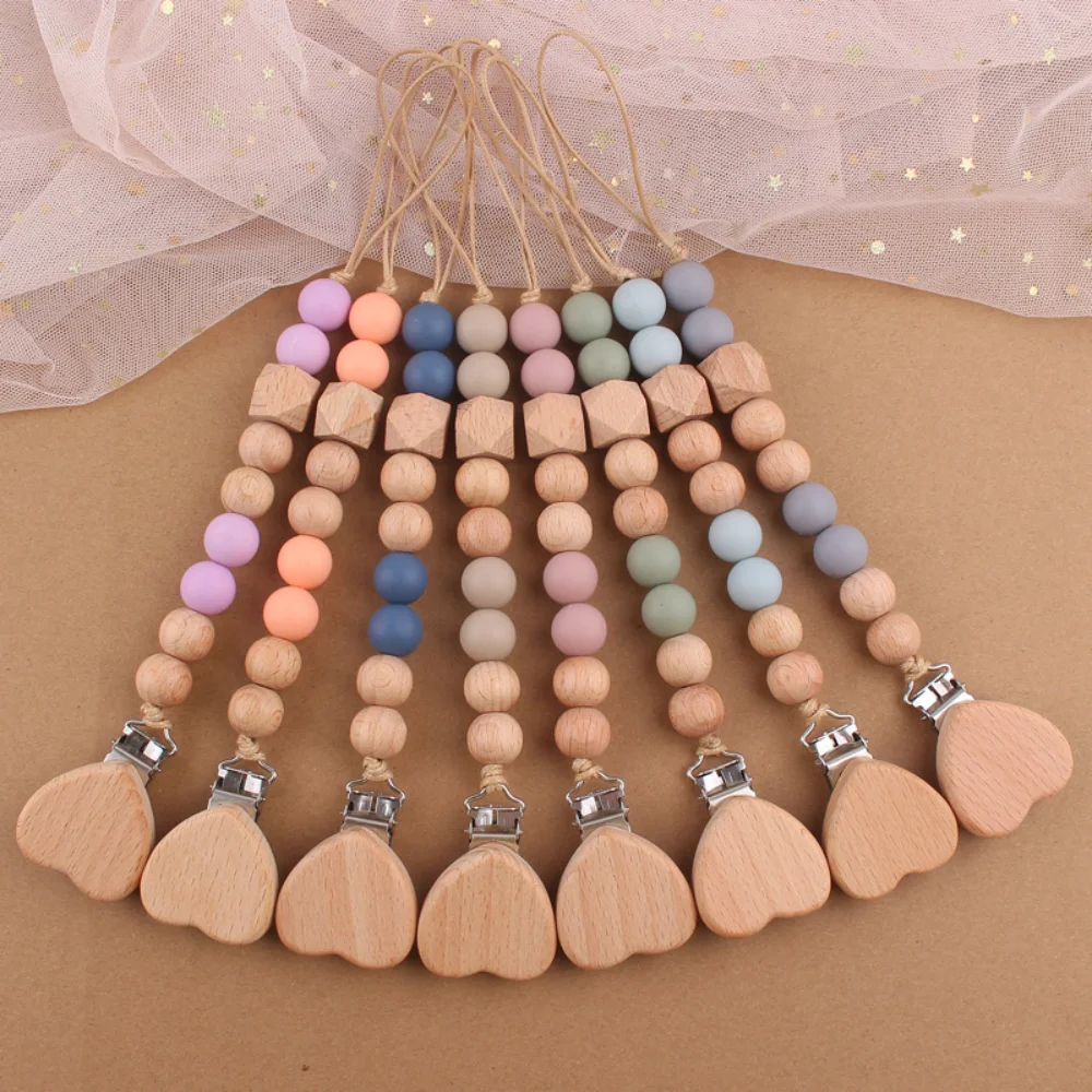 

Innovative Baby Silicone Bead Teething Pacifier Clip Featuring Wooden Cartoon Heart-shaped Wood Pacifier Chain Accessoires Bebe