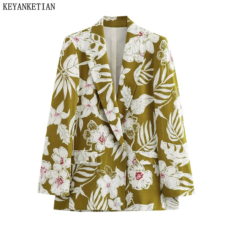 KEYANKETIAN 2024 Autumn New Women's Flower Print Linen Suit Outerwear Retro style Flap Pockets Buttonless Straight Coat Top