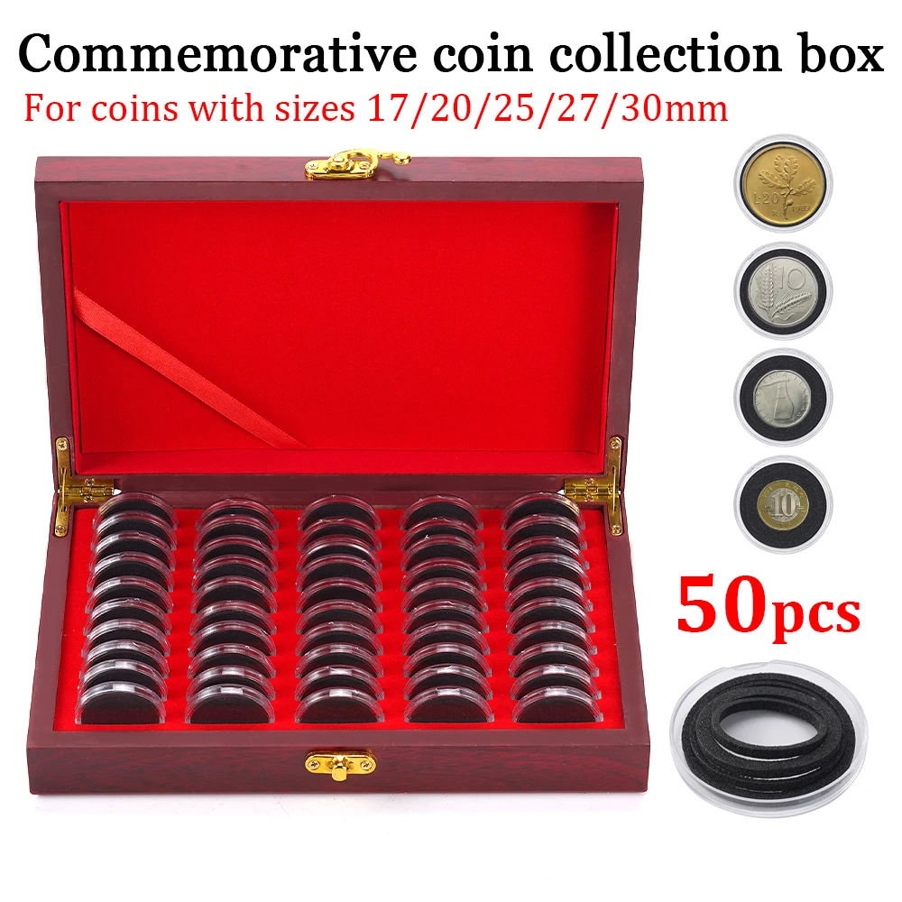 

50PCS Wooden Coin Collection Box - Wood Storage Case for Commemorative Coins Organizer Suitable for 17/20/25/27/30mm