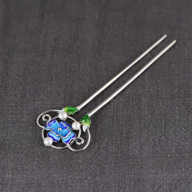 925 Silver Vintage Cloisonne Enamel Small Flower Hairpin Pastoral Style Pearl Hair Accessories Tiara Little Fresh Pin Jewelry