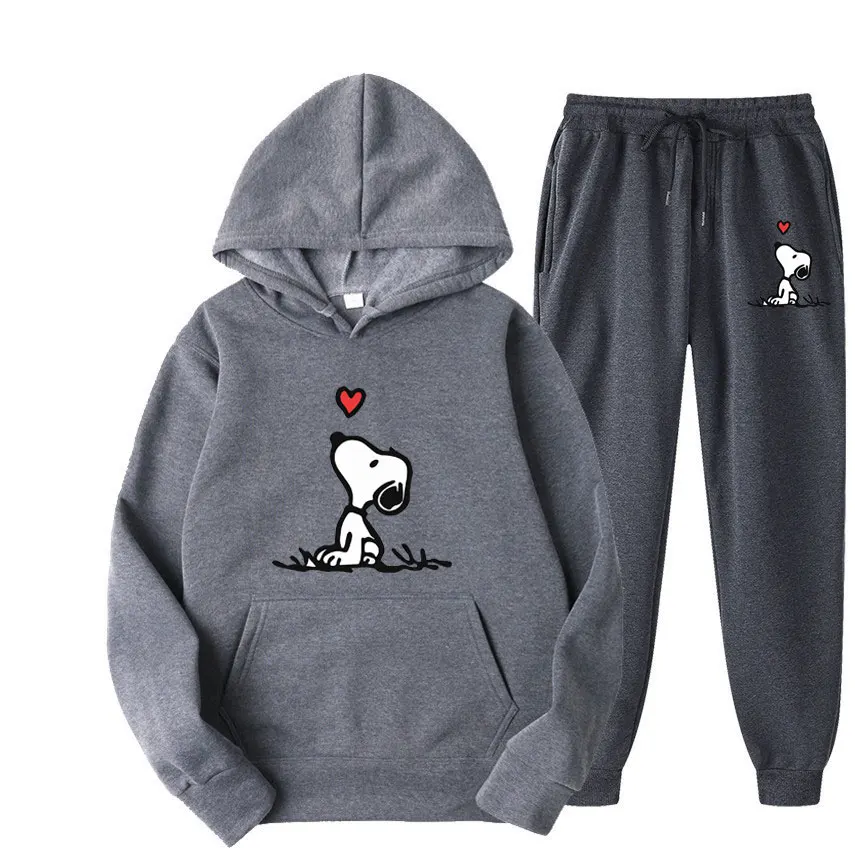 Snoopy Cartoon Anime Women Sweatshirt Sweatpants Set 2024 Fashion Men Pullover Pants Suit Spring Autumn Couple Hoodie Pant Sets