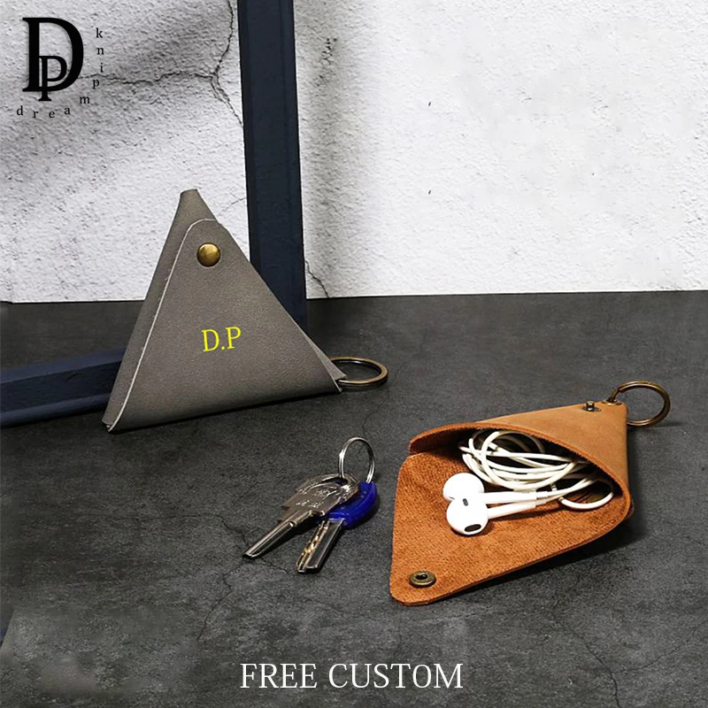 Creative Custom Name Mini Coin Purse Engrave Initials Leather Portable Key Ring Key Wallet Fashion Triangle Earphone Storage Bag