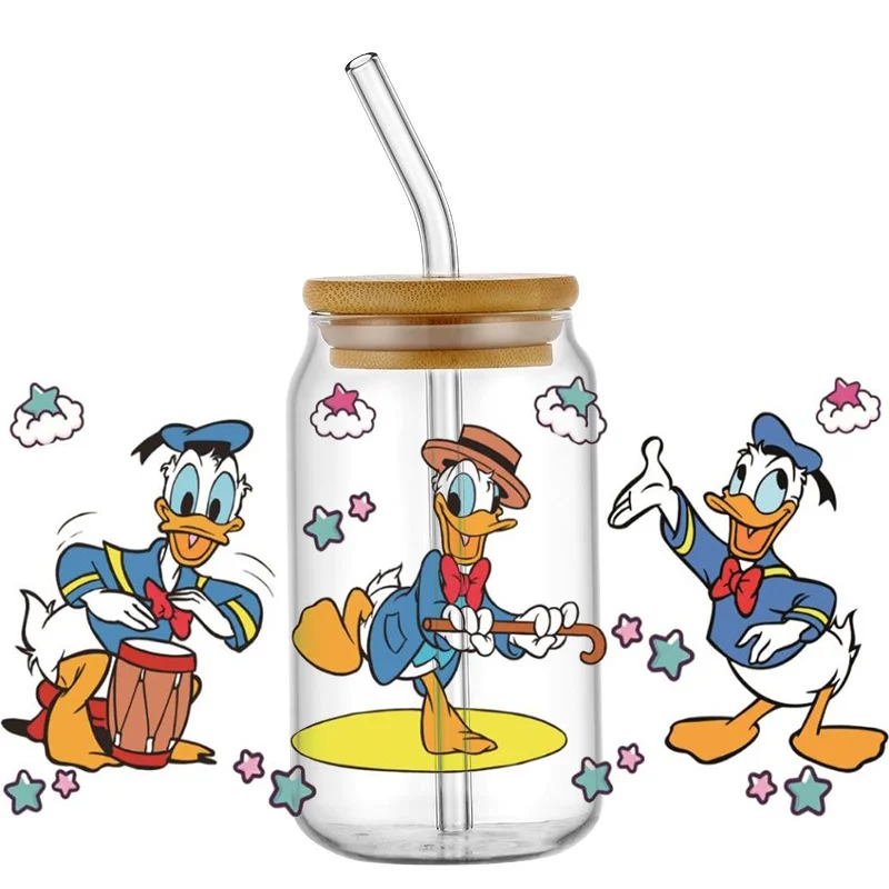 Miniso-pegatina de transferencia 3D UV DTF, calcomanía de la Serie del pato Donald Mouse, envoltura de taza para gafas liberbey de 16oz, pegatina
