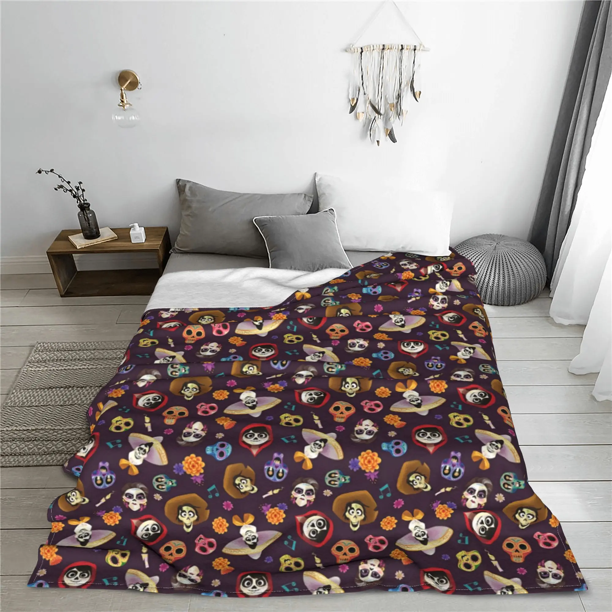 C-Coco Day of The Dead Cartoon Flannel Blankets Guitar Thankgiving Funny Throw Blankets for Home 125*100cm Thin Quilt Ultra-Soft