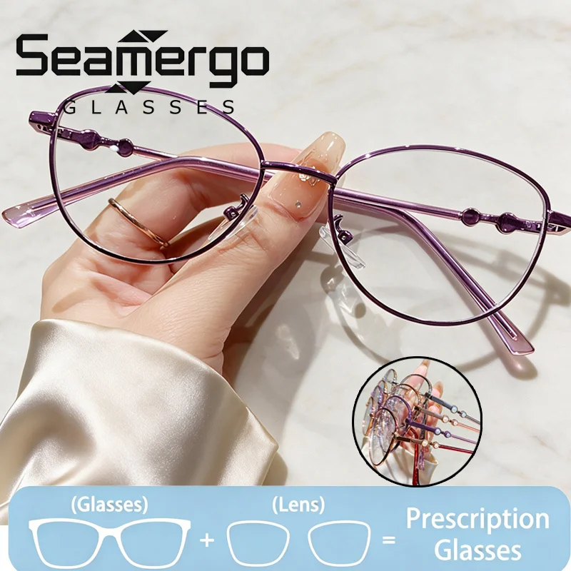 SEAMERGO Vintage Reading Glasses Customization Trendy Pearl Design Optical Lenses Men Fashion Cat Eye Prescription Glasses Women