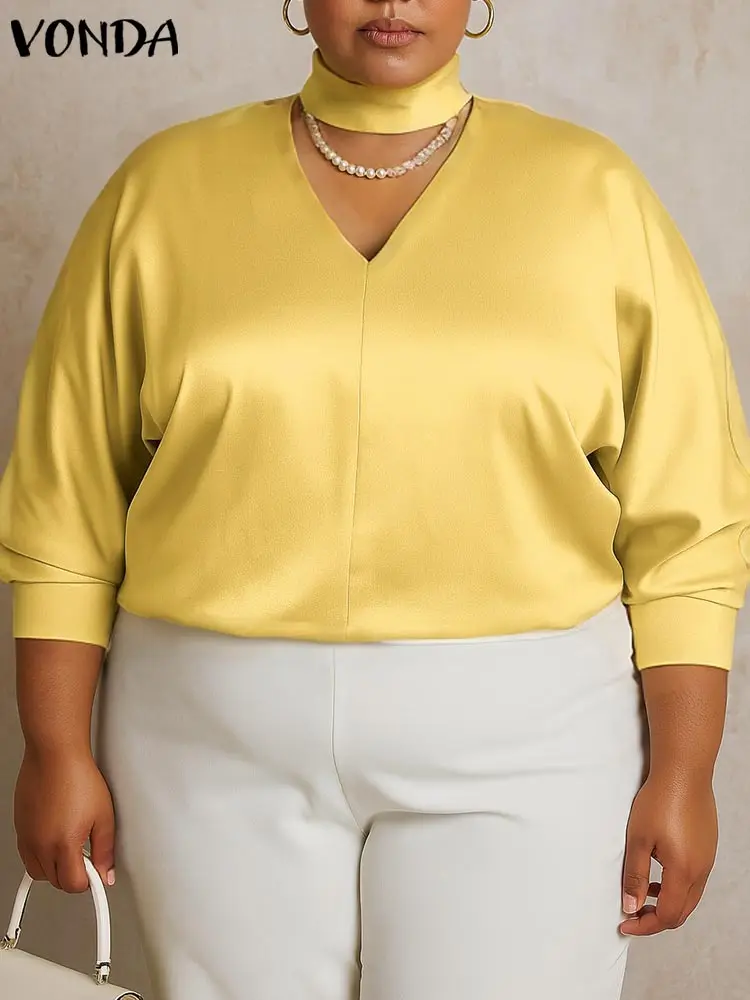 

Plus Size 5XL VONDA Women Satin Silk Blouse Fashion V Neck Tops 2025 Solid Color Elegant Work OL Tunic Casual 3/4 Sleeve Blusas