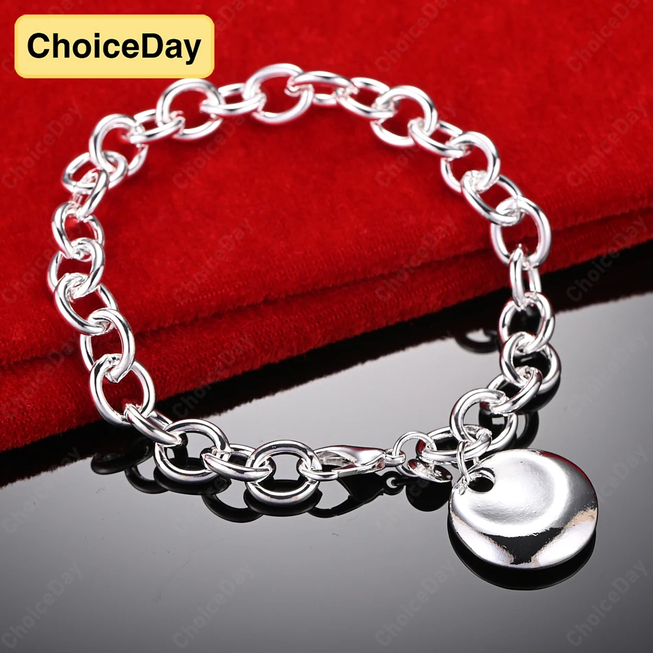 

ChoiceDay 8 Inch 925 Sterling Silver 20cm Women's Delicate Glossy Round Pendant Bracelet Wedding Accessories Party Jewelry