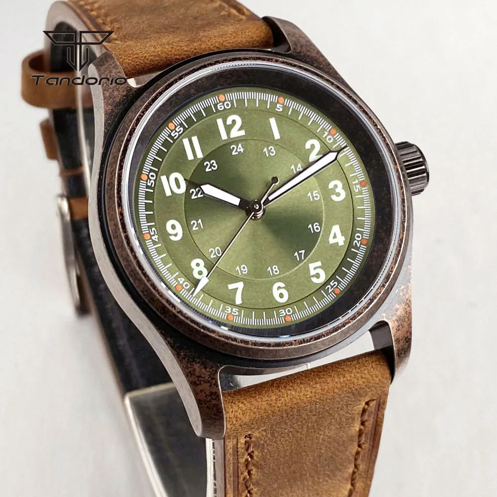 Tandorio Mechanical 36mm Pilot Vintage Bronze-colored Dive 20ATM Distressed Style Automatic Watch Sapphire NH35/PT5000 Movt Lume