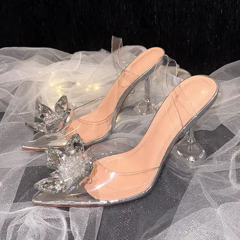 Beautiful Transparent Rhinestone High Heels Female Thin Heel Pointed Head Baotou Sandals Female Summer Cinderella Crystal Shoes
