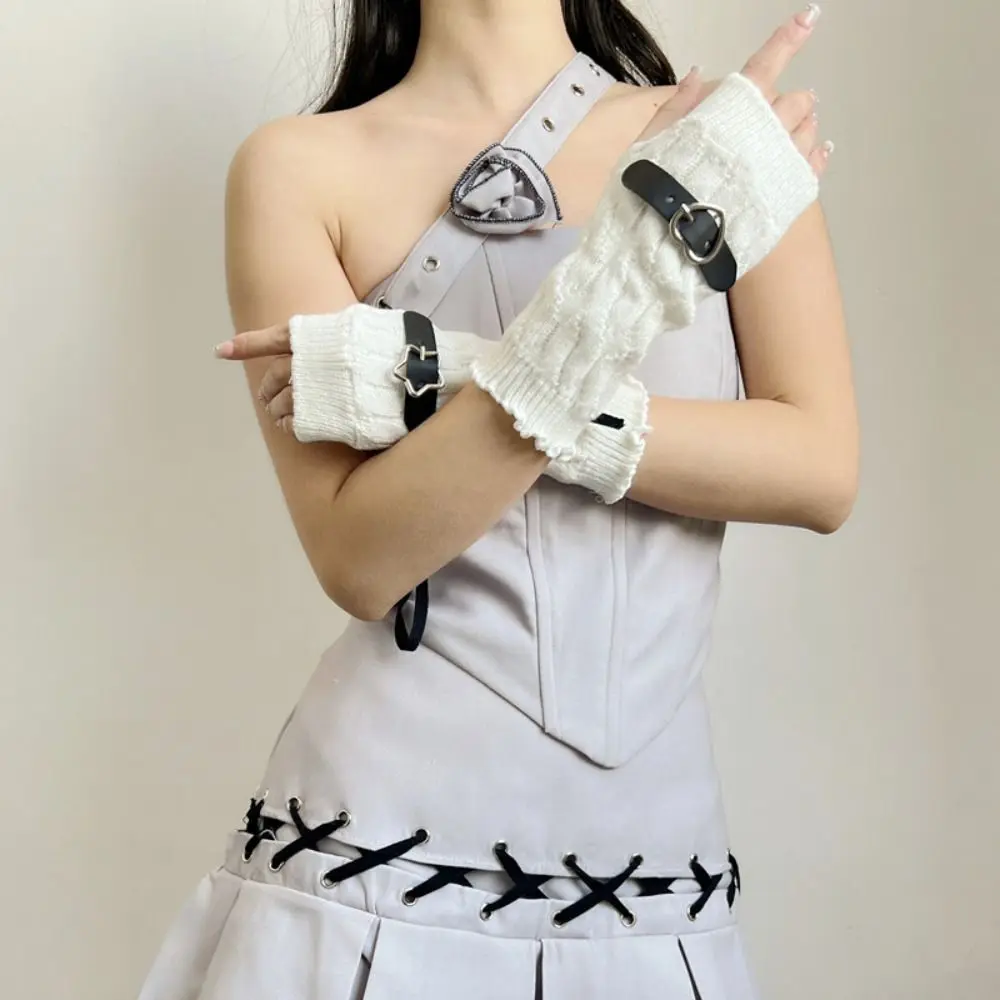 Streetwear Elastic Y2K Warm Sleeves Heart Chain Knitted Arm Warmers Sweet Star Fingerless Gloves Clothing Accessories