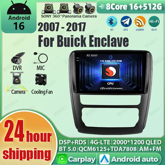 Radio para Auto con Android 16, Carplay, Pantalla Qualcomm 2K, Reproductor para Buick Enclave 2007 2008 - 2017 Opel Insignia, GPS, Wifi, 4G, Video