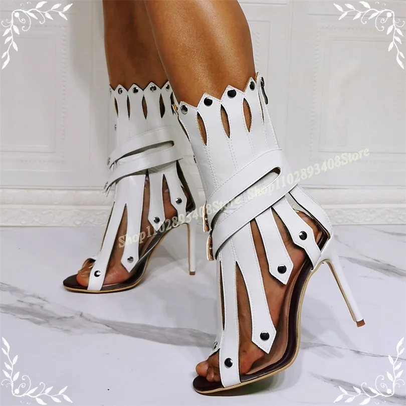 

White Personality Rivet Decor Sandal Boots Stiletto Open Toe Back Zipper Summer Party Women Sandal Boots Zapatos Para Mujere