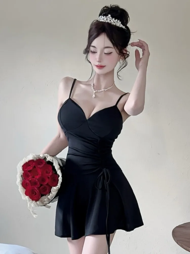 Sexy Low Cut Shoulder V Neck Pure Desire Small Size Drawstring Strap Waist Slimming Maxi Dress Spring Summer Autumn Winter