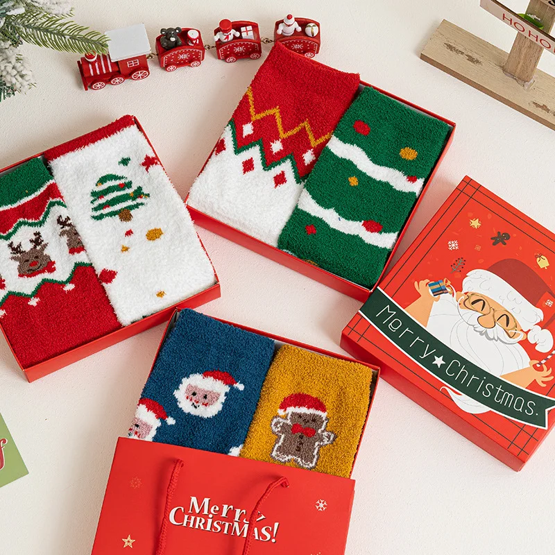 2 Pairs Boxed Christmas Socks Double-sided Fleece Thick Warm Xmas Gift Socks Couple Style Winter Home Sleeping Socks