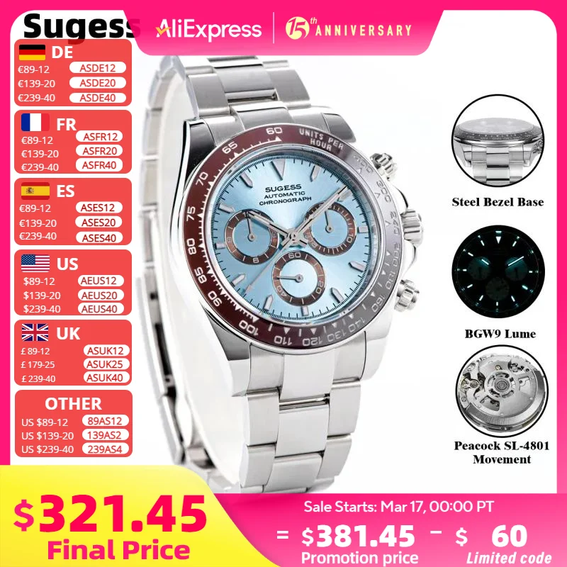 Sugess Diving Mens Watch Panda Automatic Mechanical Chronograph Movement Wristwatches Waterproof Ceramic Bezel Day Tona New 2024