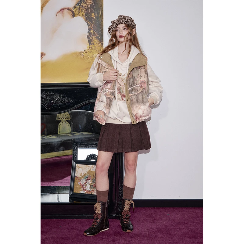 ELFSACK 2025 Winter Nieuwkomers Y2K Leuke Cartoon All-Over Print Omkeerbaar Donsvest Voor Vrouw