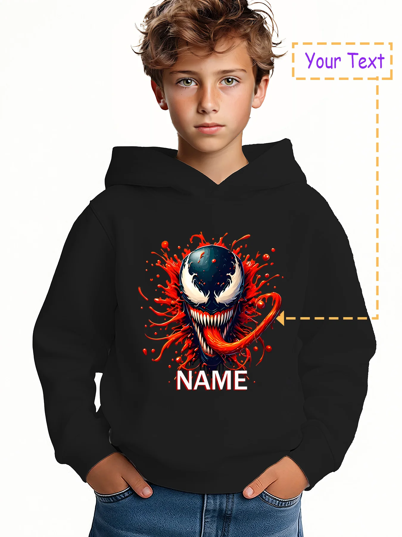 

MINISO Marvel Venom Explosion Hoodie - Red Flame Venom Impact Pattern, Cool Dark Style, Personalized Street Style, Trendy Party