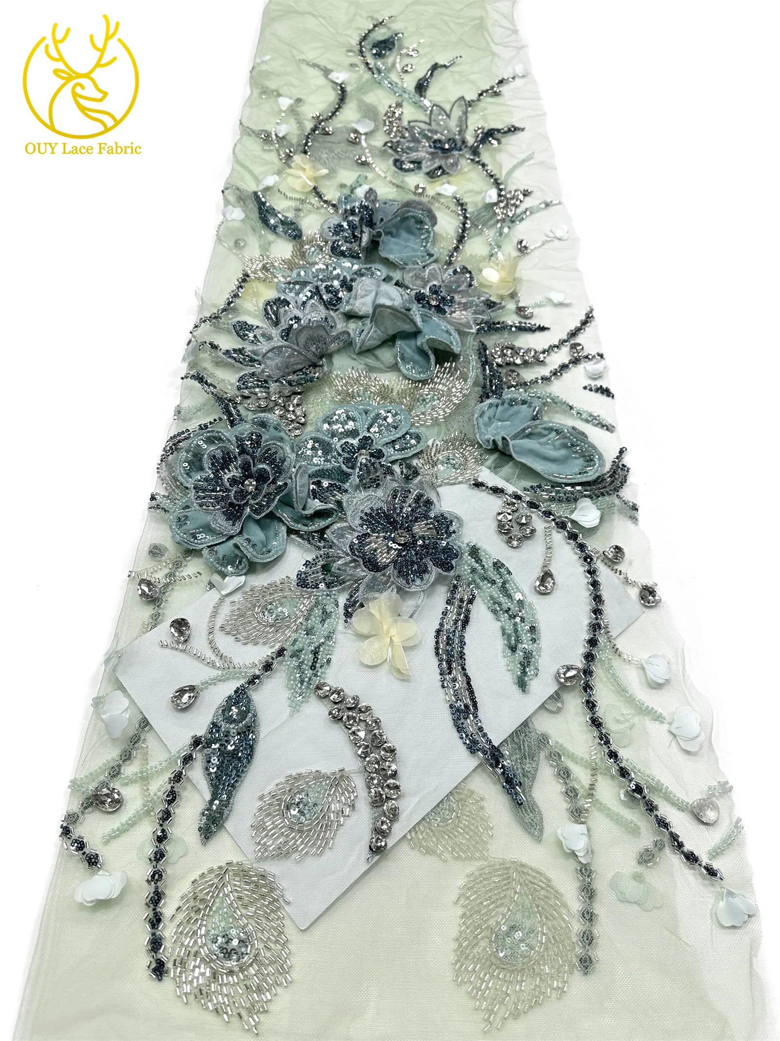 Handgefertigter Luxus Maßgeschneiderter 3D-Stickerei-Blumen-Edelstein-Spitzenstoff Afrikanischer Perlen-Pailletten-Spitzenstoff für Brautkleider – Detail 13