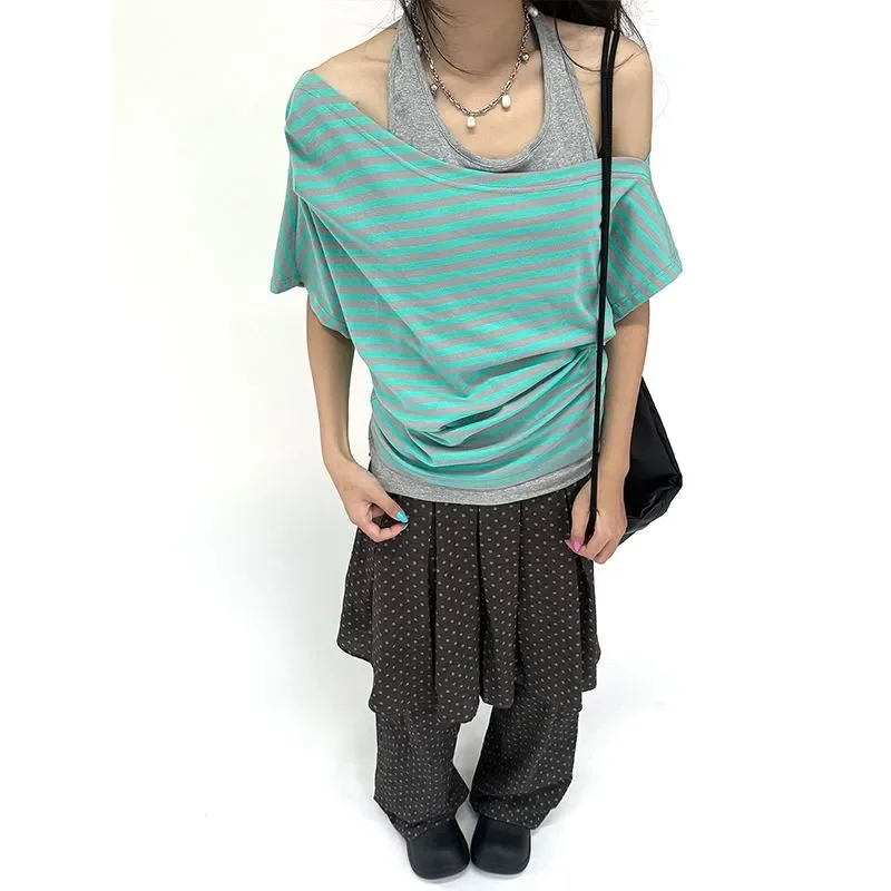 Y2K Women Fake Two Piece Striped Off Shoulder T Shirt Halter Cami Layered Short Sleeve Top Stripe Casual Streetwear Blouse