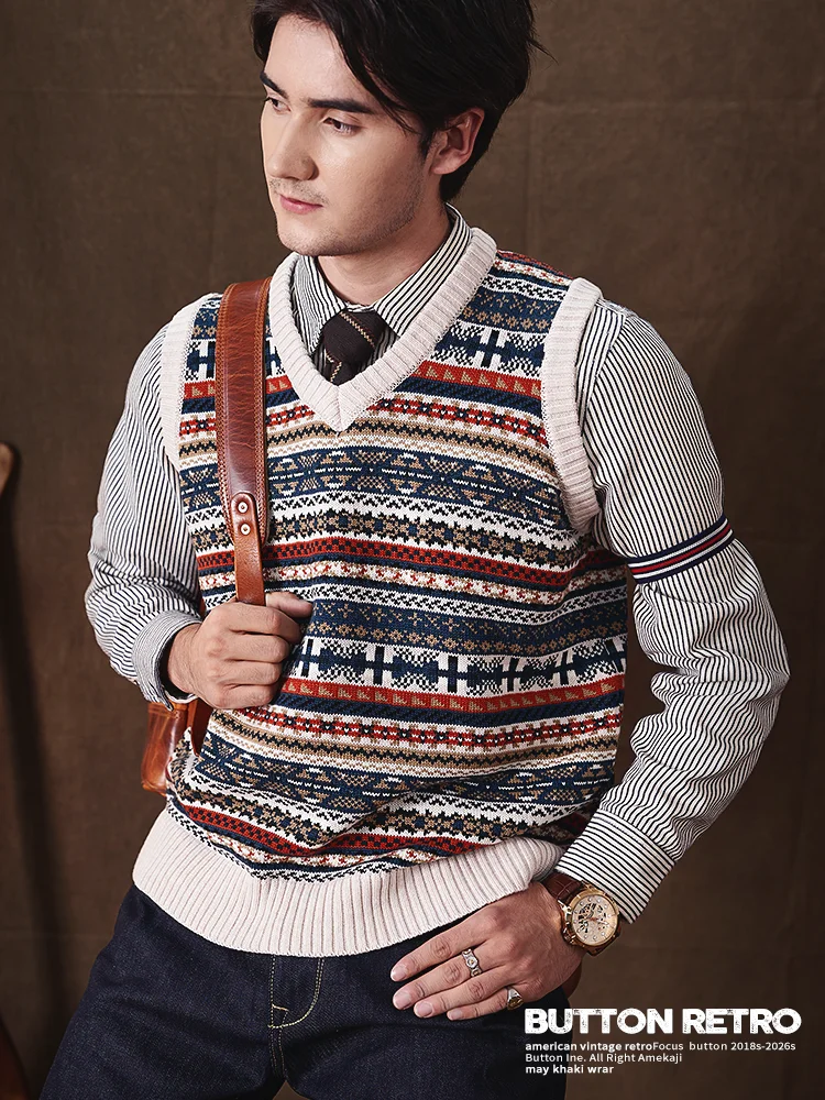 

Retro American Ethnic Sle Fair Isle V-ne Woolen Vest Men's Briti College Sle Knitted Sweater Thiened Woolen Sweater
