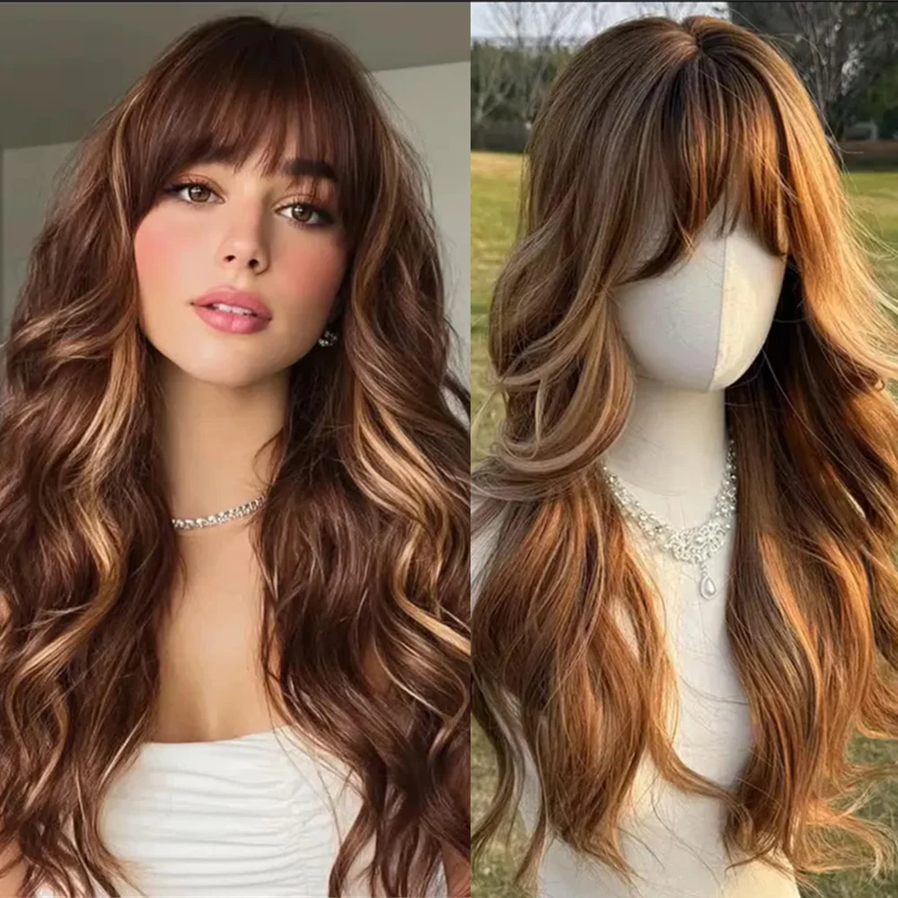 

Длинный волнистый парик цвета омбре с челкой-шторкой, естественный вид, термостойкий синтетический парик, мягкий многослойный коричнево-красный парик без клея для повседневной носки