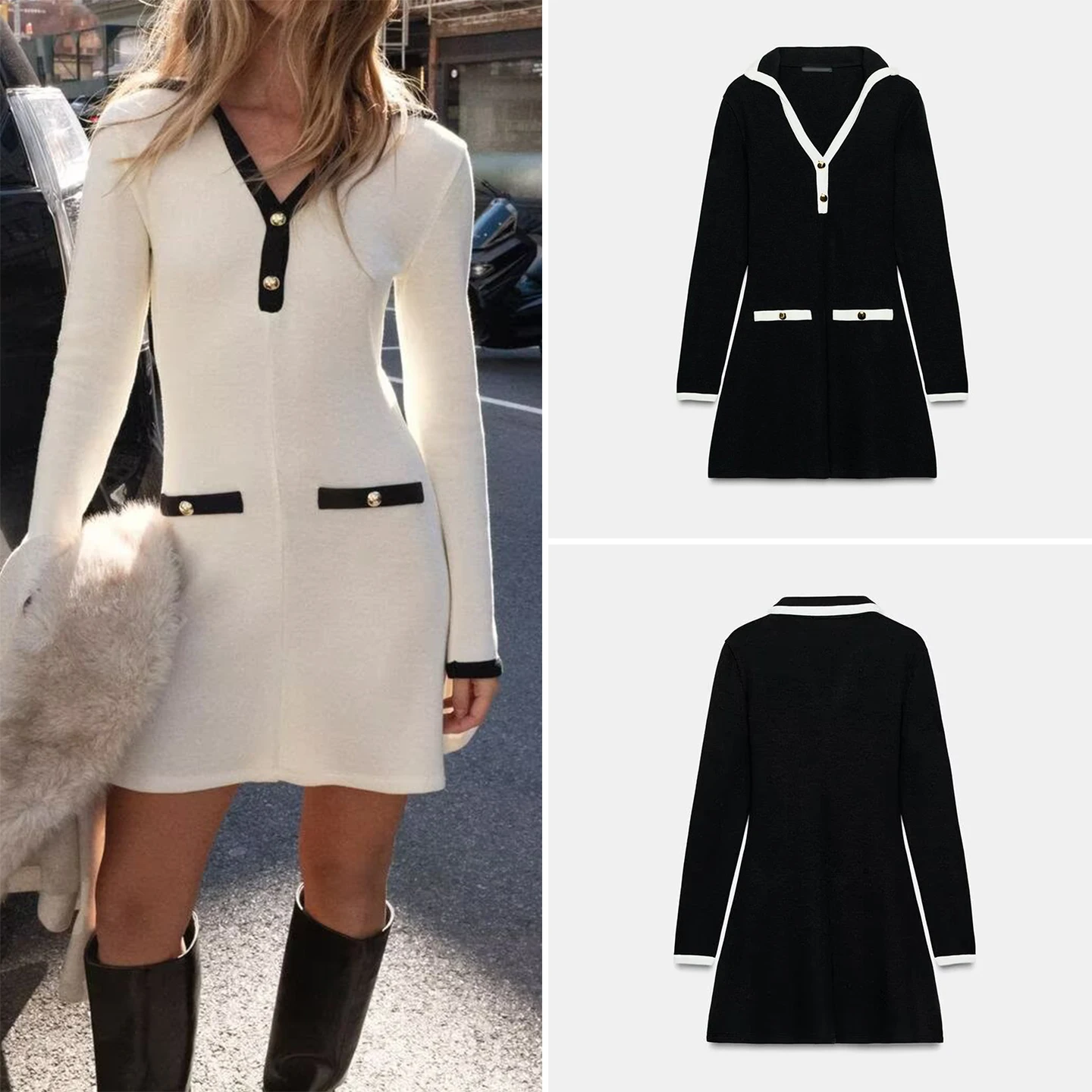 ZADATA Women's Fashion Short Dress 2025 Elegant Soft Personality Style Casual V-neck Long Sleeve Autumn Collection