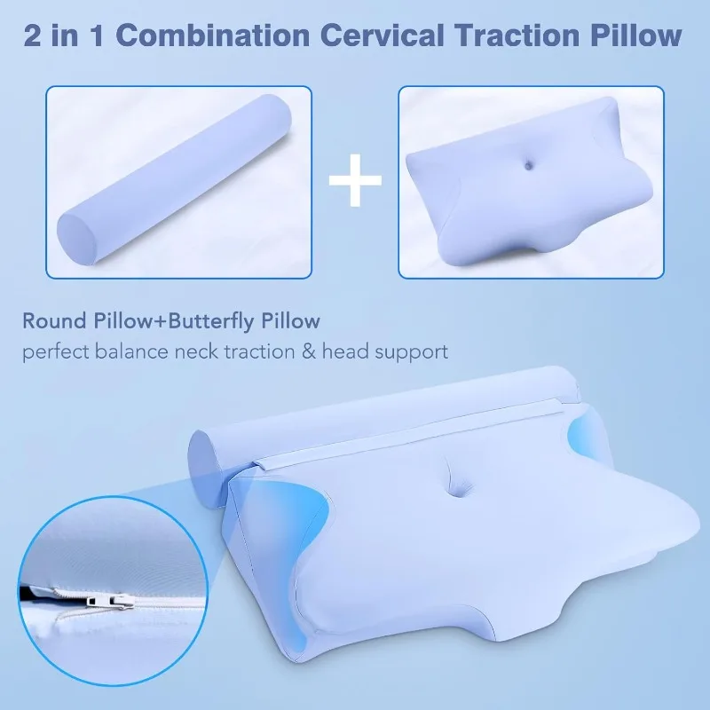 Cooling Cervical Neck Pillow for Neck, Roll Pillow&Butterfly Memory Foam Combination Pillows, Ergonomic Neck Support Pillow