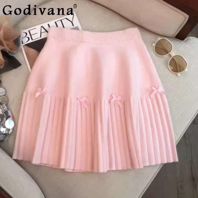 

Large Size Women Autumn Winter Sweet Bow Knitted Short Skirt Fashion Versatile Age-reducing High Waist Korean Pleated Skirts