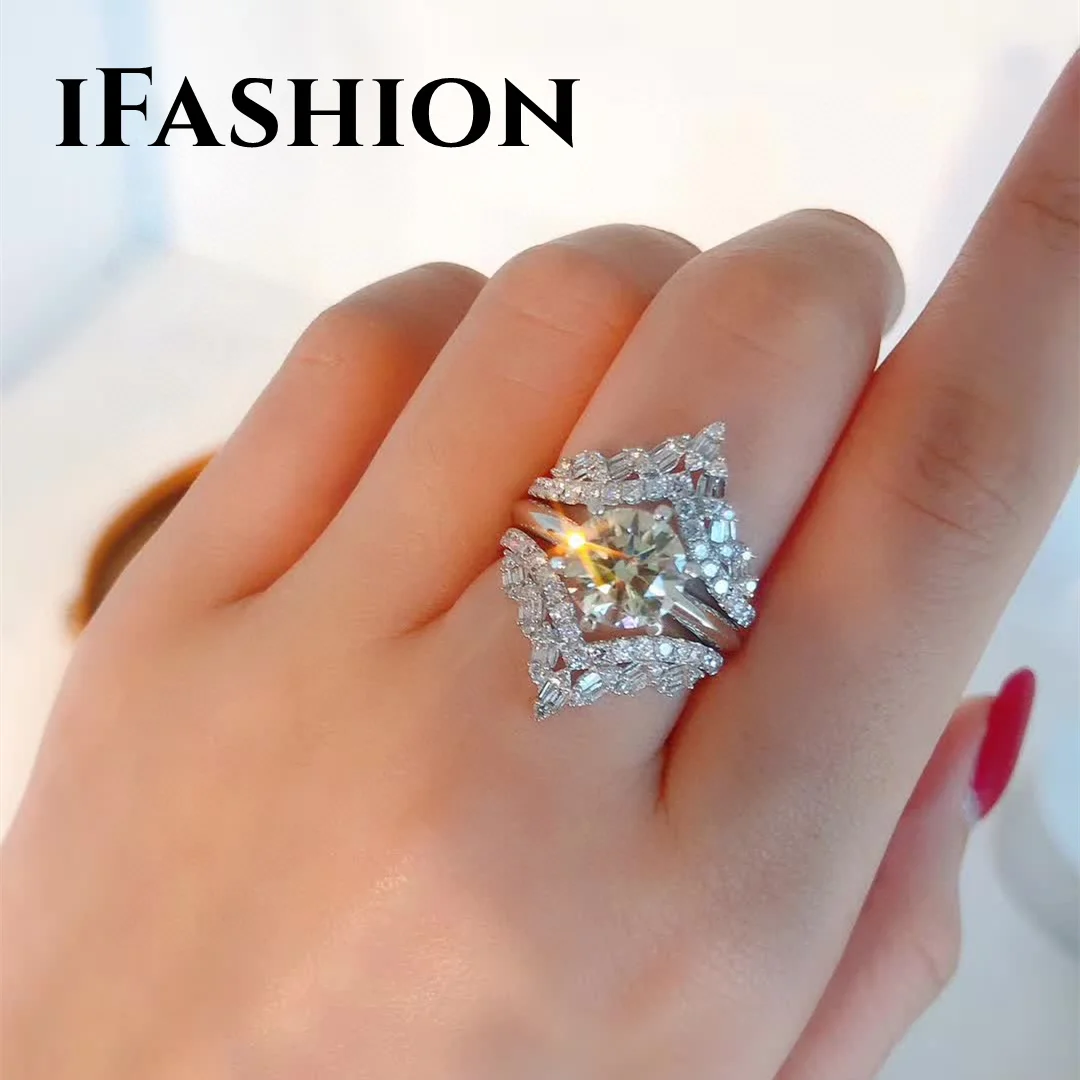 

IFASHION Diamond Row Rings Large V Shape 0.40CT Wedding Rings 18K White Real Gold Solid Yellow Gold Jewelry(AU750)Women Fine