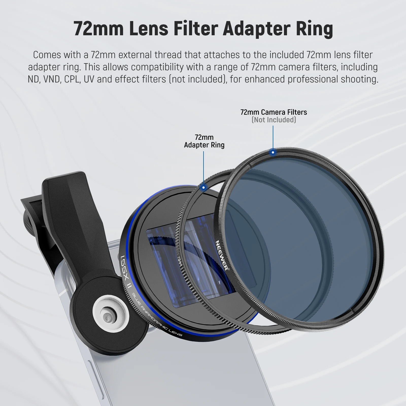 NEEWER PRO 1.55x Anamorphic Phone Lens with Blue Flare 17mm Lens Clamp and 72mm Lens Filter Adapter Ring For iPhone Samsung