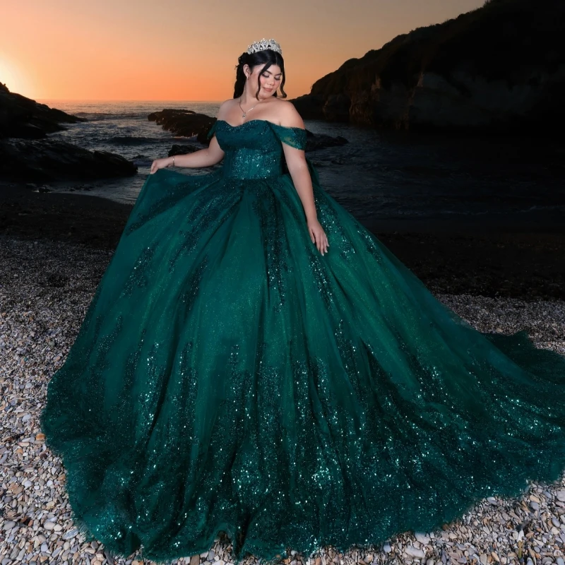

Черно-зеленые блестящие платья Quinceanera с открытыми плечами, аппликация, кружево, бисер, бант, корсет, тюль, вечерние, день рождения, сладкое платье 16, Vestido