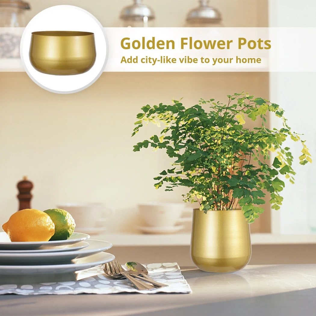 2Pcs/Set Golden Flower Pots Large Golden Planters Flower Pots With Drainage Holes Indoor and Outdoor Decorative Flower Planters