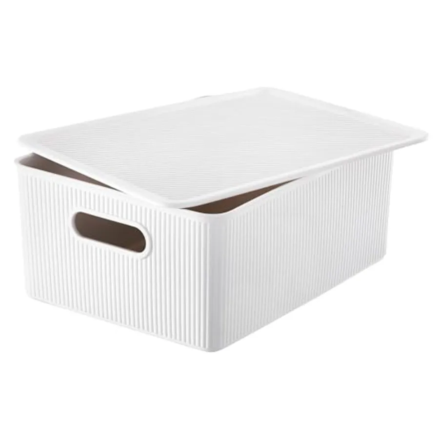 

Decorative Plastic Lidded Home Storage Bins Organizer Baskets Large White 15 Liter Stackable Container Box for Closet Shelves D