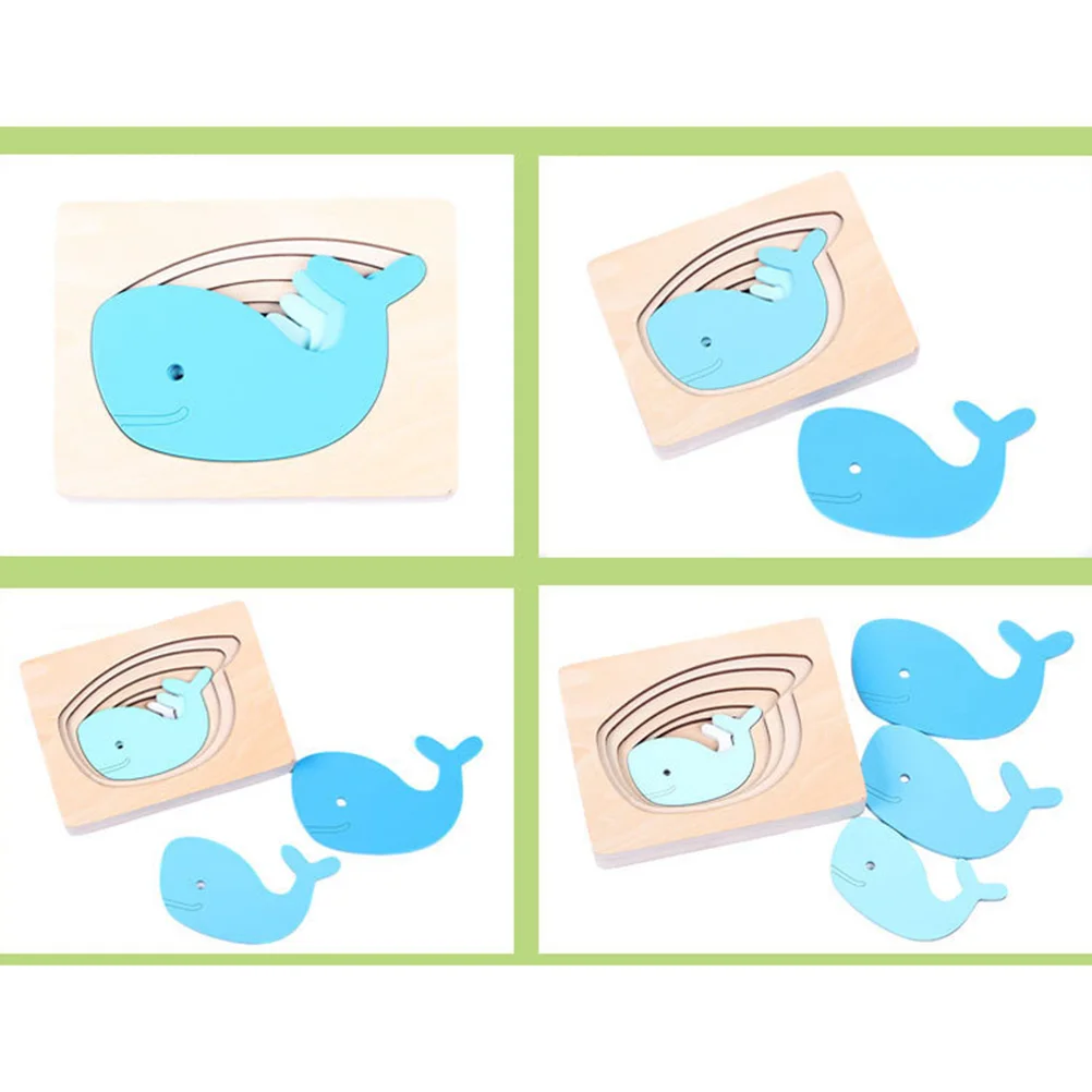 Rompecabezas de animales multicapa de madera, Panel 3D, ballena degradada azul de dibujos animados, juego educativo temprano para niños