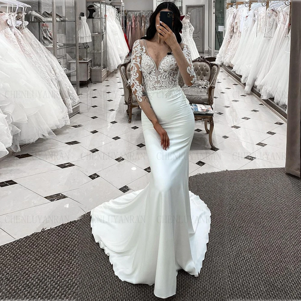 Mermaid Ivory Wedding Dresses 3/4 Sleeves Satin Long Bride Dresses Lace Illusion Sexy Dresses For Women 2025 Robe De Mariée