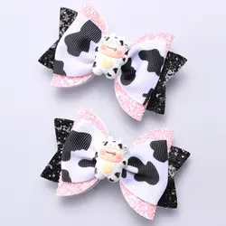 2Pcs Solid Cow Ribbon Bows Hair Clips For Baby Girls Handmade Bowknot Hairpin Glitter Barrettes Kids Hair Accessories