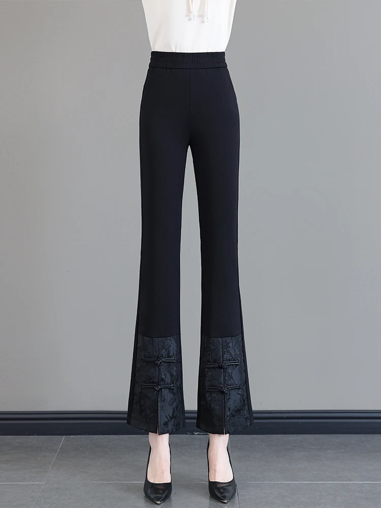 

New Chinese Style High Waist Casual Wide Leg Pants Women's Spring Autumn New Elastic Waist Buckle Open Split Nine Points