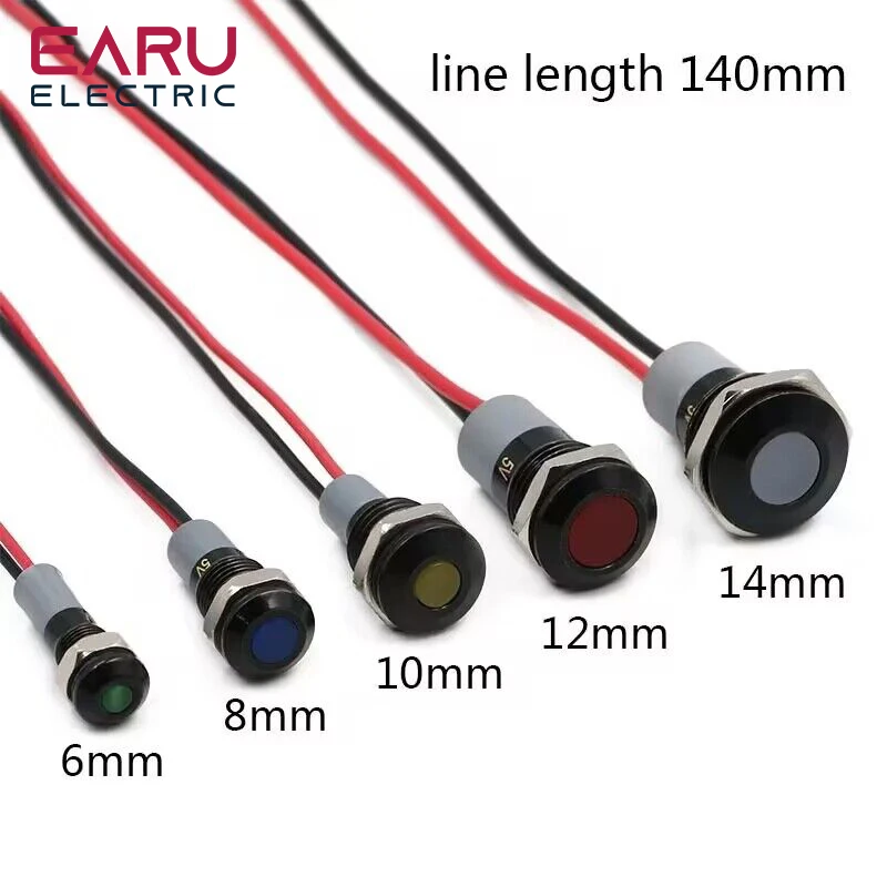 Flat Head Black Body Waterproof IP67 Metal LED Warning Indicator Light Signal Lamp Pilot Wire 3-6V 12-24V 220V Red Blue Green