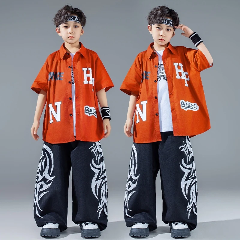 

Boys Hip Hop Fashion Clothes Orange Shirt Black Shuffle Pants Street Dance Children Clothing Kids Jazz Performance Wear VDL3391