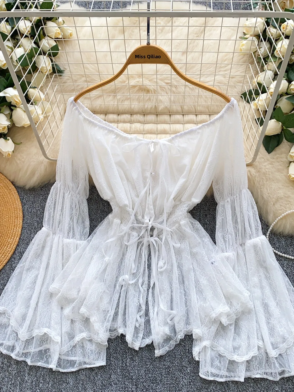 

French Sle Lace Hook Flower irt oulder Bows Waist Cinched Bell Sve Thin Girl's Casual Breathable Long Sve Top