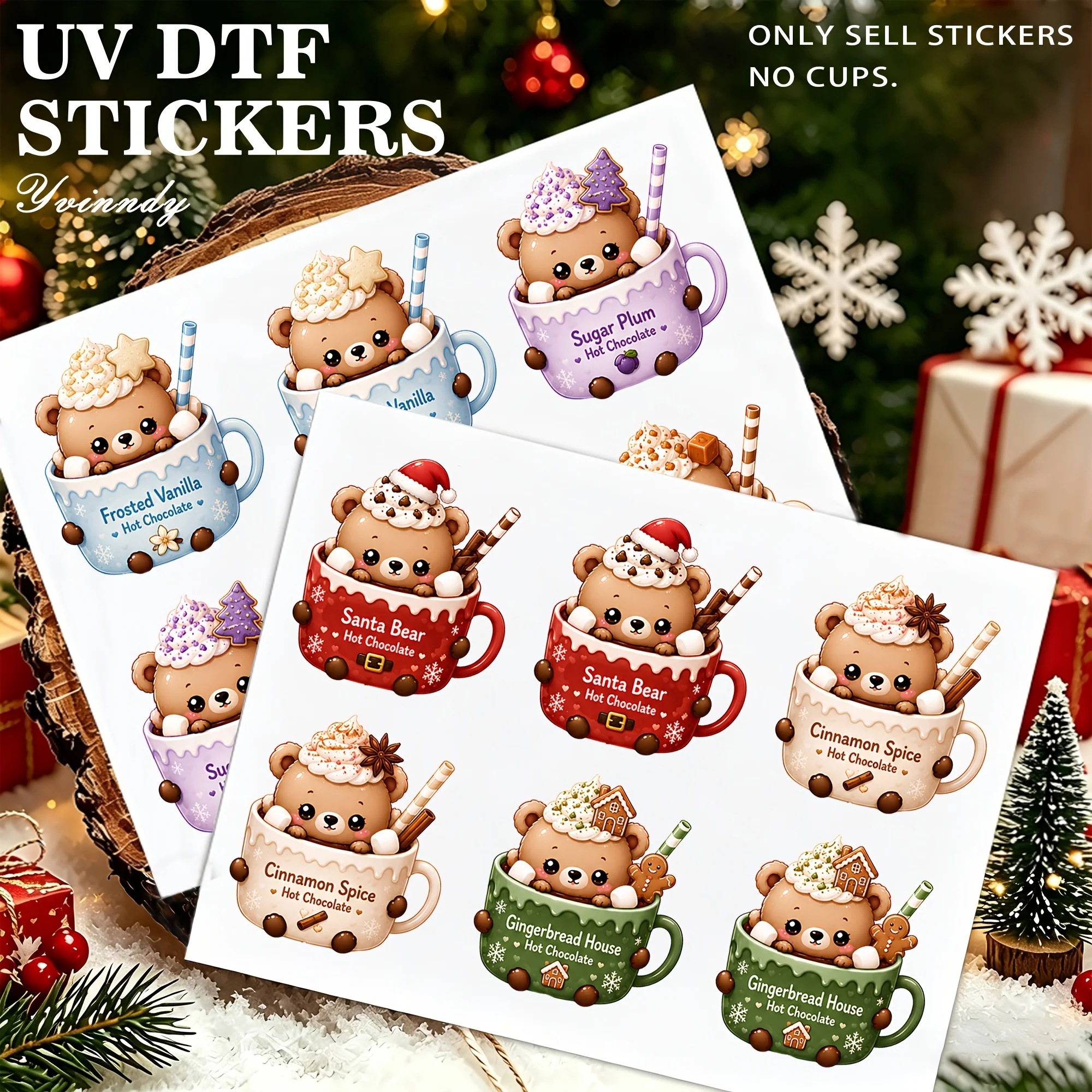 12Pcs/Set Christmas Hot Cocoa Bear Glass Jar Packaging Stickers UV DTF High Self Adhesive Transfer Paper